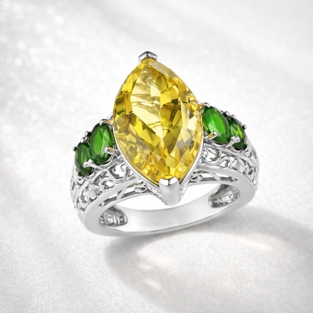 Ouro Verde Quartz & Chrome Diopside Ring 12.35 CTW Platinum Ovr Sterling Silver